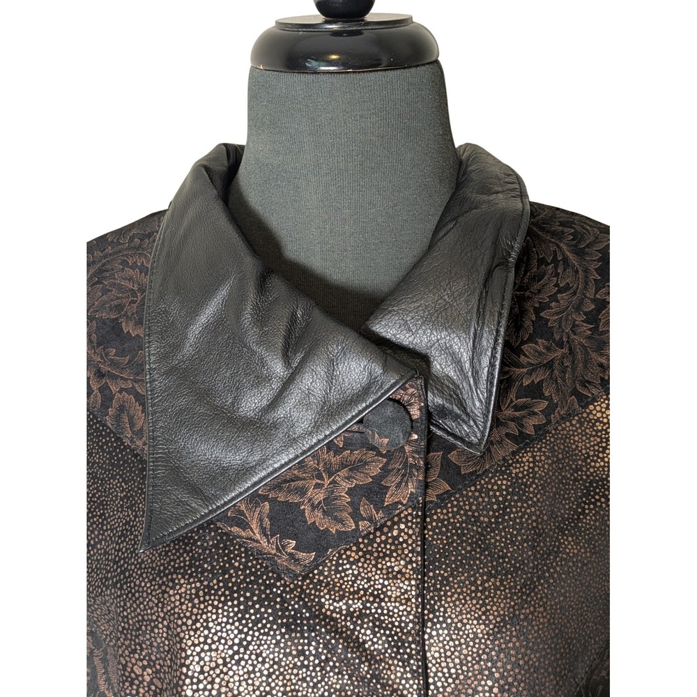 Vintage Avanti Womens L Leather Coat Metallic Floral Embellished Black Bronze